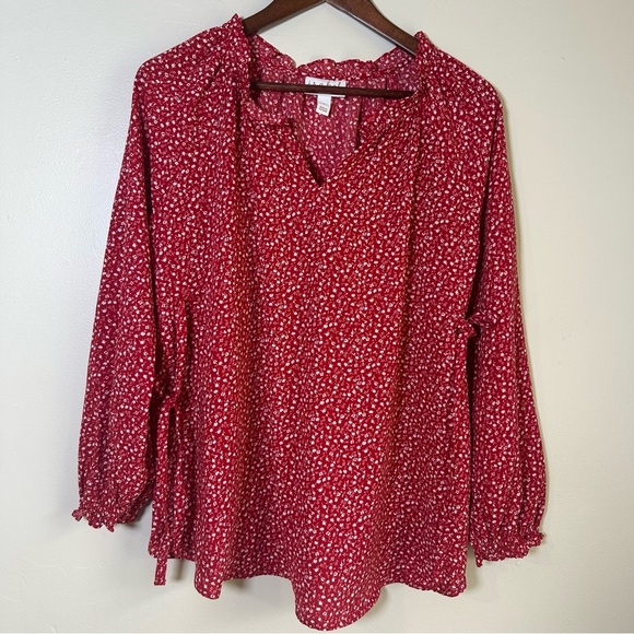 Ingrid & Isabel Red Smocked Maternity Blouse with 3/4 Sleeves - Picture 1 of 3